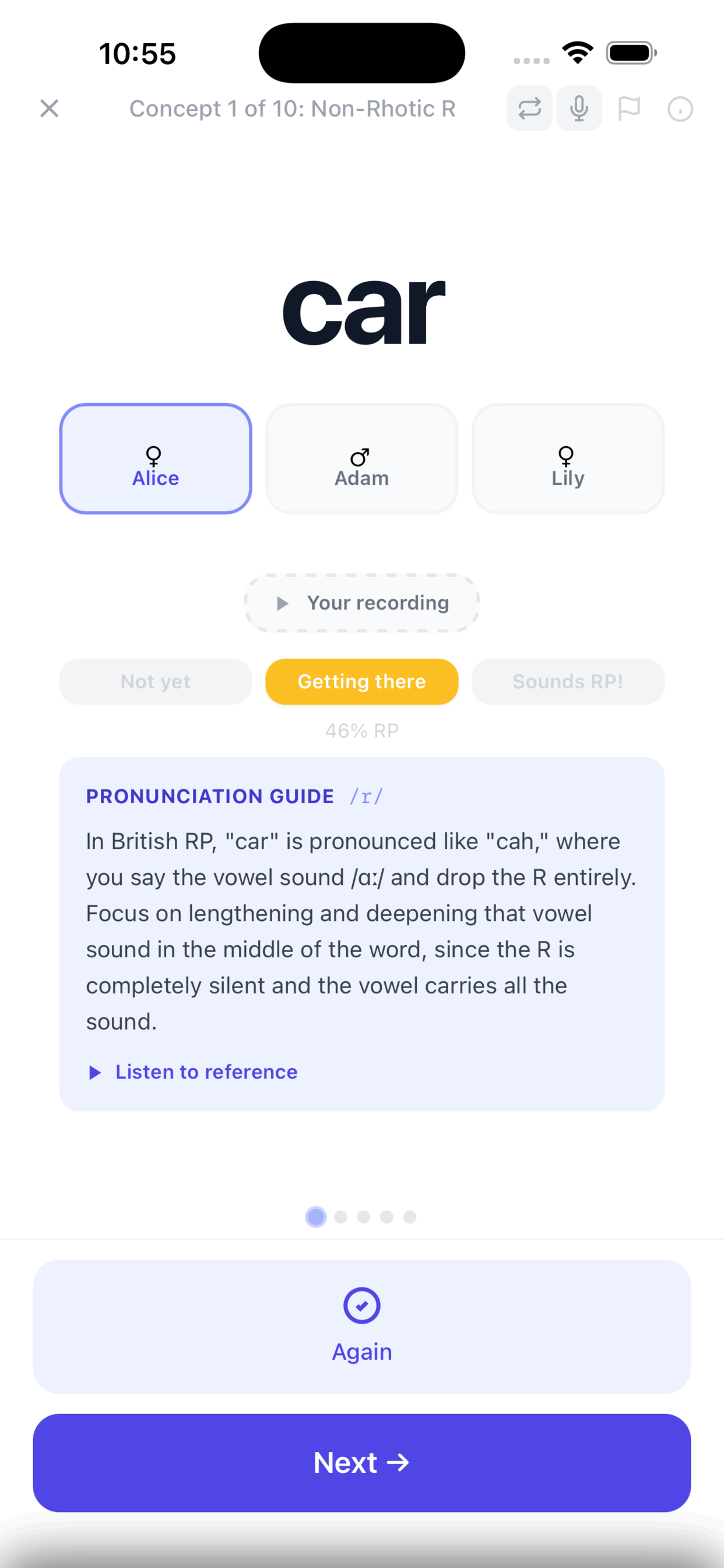 Accentuate on iPhone: practising ‘car’ in British RP, with reference voices, recording feedback, and a pronunciation guide.